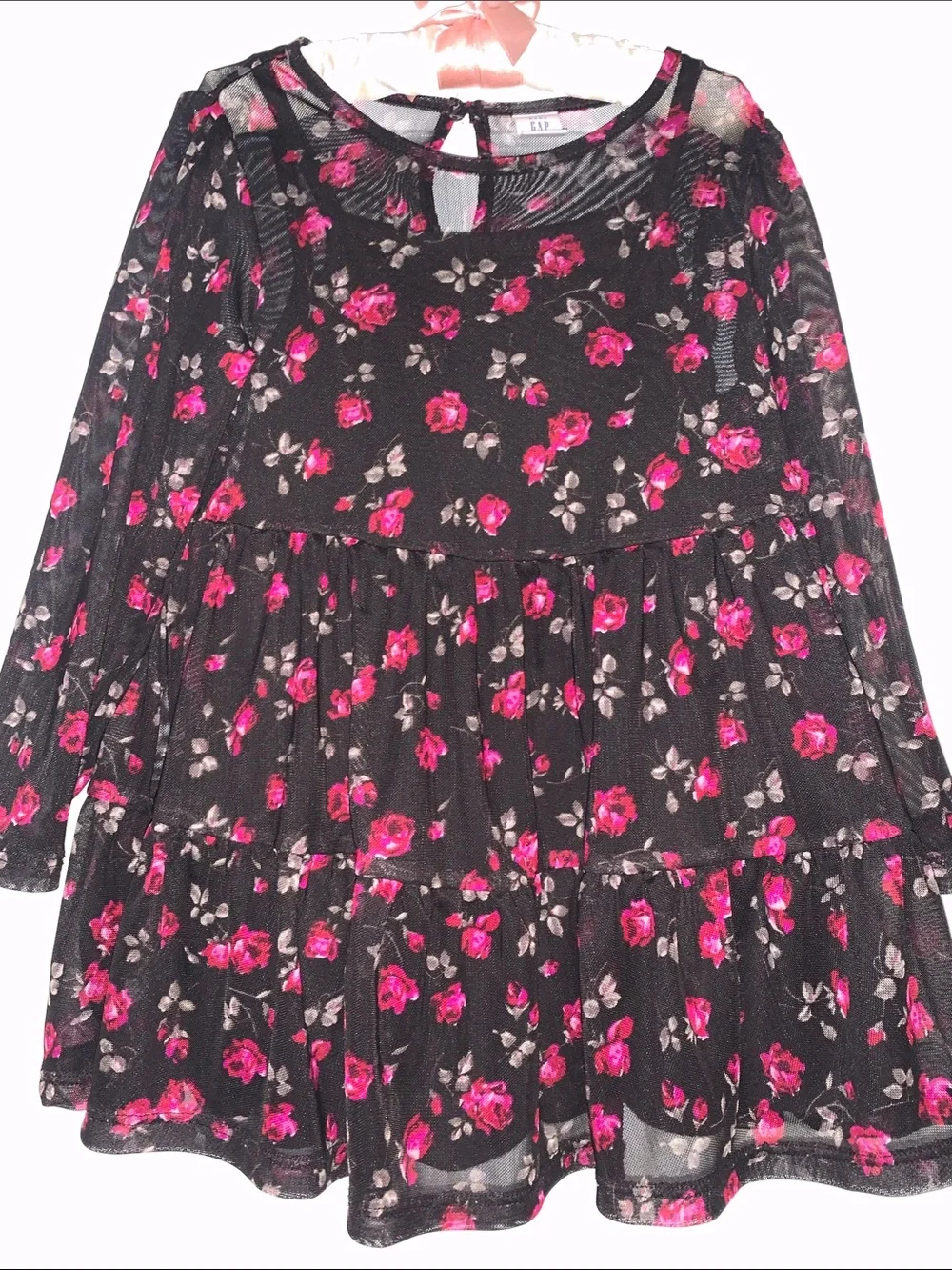 Gap Black Sheer Overlay Dress Roses 3 EUC